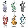Six colorful flames smoke swirls rising bowls, handdrawn cartoon style. Shades purple, green