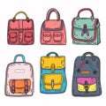 Six colorful handbags backpacks illustrated cartoon style variety designs features. Doodle art