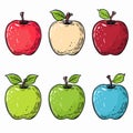 Six colorful handdrawn apples artistic shading. Top row has red, beige, maroon apples bottom row Royalty Free Stock Photo