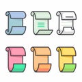 Six colorful paper scrolls, flat design vector illustration, different colors styles, cartoonish