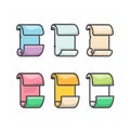 Six colorful scrolls depicted, various shades designs, empty banners text. Flat style scrolls