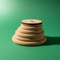 Six cork coasters are stacked on a green surface. Each coaster varies slightly in size, Royalty Free Stock Photo