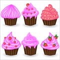 Six cupcakes with pink cream, berries and powder. Sweet, dessert Royalty Free Stock Photo