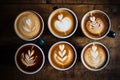 Six Cups of Coffee With Unique Designs Royalty Free Stock Photo