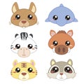 Six cute cartoon animal head