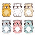Six cute cartoon bears, different colors enjoying music headphones. Bears seated, eyes closed