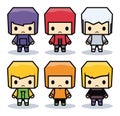 Six cute cartoon characters with oversized heads and small bodies, colorful outfits, bold colors. Simplistic design