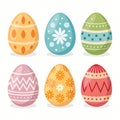 Six Decorated Easter Eggs Spring Holiday Symbols Colorful Festive Design Patterned Eggs AI generated. Royalty Free Stock Photo