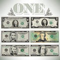 Six detailed, stylized drawings of bills