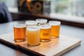 Six different beers lined up for a tasting Royalty Free Stock Photo