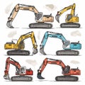 Six different colored excavators illustrate construction equipment diversity. Handdrawn style Royalty Free Stock Photo