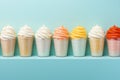 Six different colored ice creams in glass cups, AI