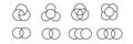 Six different overlapping circle patterns form unique geometric designs with simple shapes