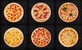Six different pizza set for menu. Meat pizzas with 1Pepperoni 2ham and bacon 3 pizza with seafood 4pizza four cheese 5 pepp Royalty Free Stock Photo