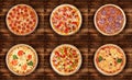 Six different pizza set for menu. Meat pizzas with 1 Pepperoni 2Pepperoni and ham 3 Salami 4 Margarita 5Pizza pepperoni delux