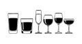 Six Different Types of Glasses with Various Drinks Black and White Vector Illustration for Bar or Restaurant Design Royalty Free Stock Photo