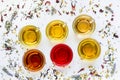 Six different types of tea prepared in cups, diagonal lines. Royalty Free Stock Photo