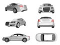 Six different views of 3D image of silver car