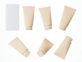 Six different views of beige cosmetic cream tube with box isolated on white background 3D render, care product packaging Royalty Free Stock Photo