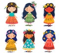 Six diverse cartoon girls wearing colorful dresses floral headbands, girl character smiling