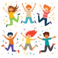 Six diverse children jumping joyfully celebrate. Excitement happiness child friends together