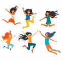 Six diverse women illustrated jumping joyously, displaying happiness energy, different hairstyles