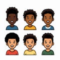 Six diverse young male cartoon characters, smiling faces, casual clothing, colorful shirts Royalty Free Stock Photo