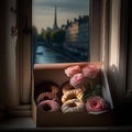 six donuts in powdered sugar lie in a box, against the backdrop of sunny town. generative AI tools