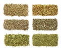 Six dried herbs in rows