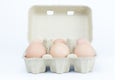 Six eggs in paper tray carton brown box isolated white background with clipping path. Royalty Free Stock Photo