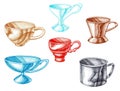 Six elegant cups hand drawing with a crayons on a white background.