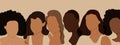 Six elegant silhouettes of girls and women in a minimalist boho style banner. Women of different skin and