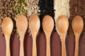 Six empty wooden spoons on a surface of different seeds and brown background Royalty Free Stock Photo