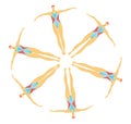 Six female synchronized swimmers in artistic formation. Athletic women performing water ballet. Synchronized swimming