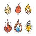Six fire flames cartoon style isolated white background. Different flame designs yellow blue Royalty Free Stock Photo