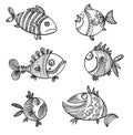 Six fish doodle monochrome pattern