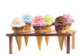 Six Flavors of Ice Cream Flavors in Sugar Cones with Sprinkles Royalty Free Stock Photo
