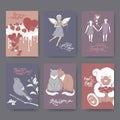 Six A4 format color Valentine romantic cards with teddy bear, cake, two cats, cupid, boy and girl, bird and lettering.