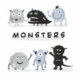 Six funny black and white monsters