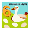 Six geese-a-laying. Twelve days of Christmas. Vector illustration