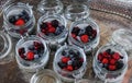 Six glass bowls of chia seeds pudding with mixed fruit berries Royalty Free Stock Photo