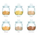 Six glass jars with cereals in them