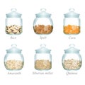 Six glass jars with cereals in them