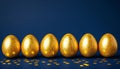 Six Golden Glitter Easter Eggs in a Row on a Blue Background with Scattered Gold Confetti Royalty Free Stock Photo