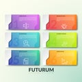 Six gradient colored rectangular elements with numbers, thin line icons and place for text inside, 6 numbered options or