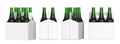 Six green beer bottles in white corton pack. Four Different views 3D render, isolated on white background.
