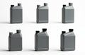 Six grey plastic motor oil canisters with black caps are arranged in two rows on a white background. Each container has a handle Royalty Free Stock Photo