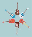 six guitars instruments musicals set icons around