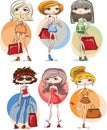 Six hand drawn beautiful cute cartoon summer girls with bags. Vector illustration. Royalty Free Stock Photo