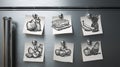 Six hand-drawn illustrations of food items are attached to a refrigerator using magnets Royalty Free Stock Photo